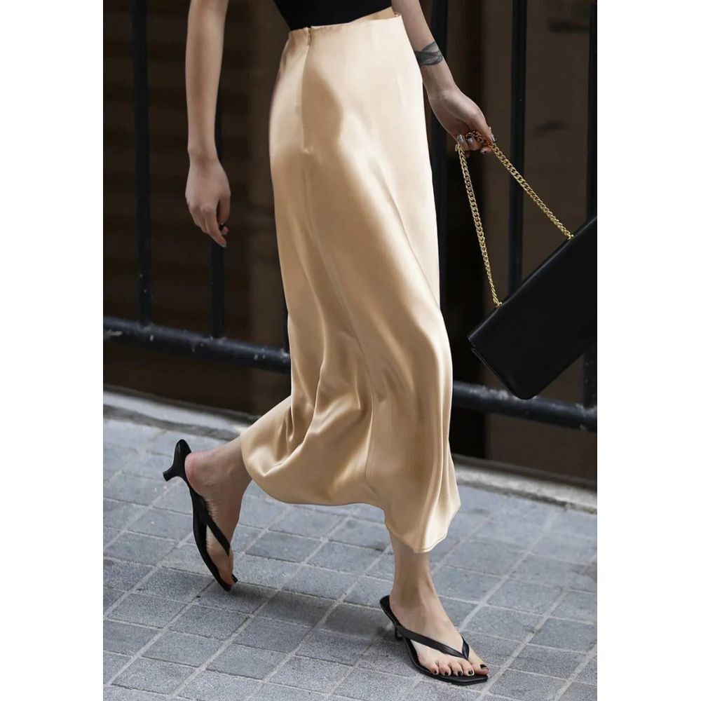 Elegant Champagne Satin Midi Skirt Flowy A-Line Silhouette Side Slit